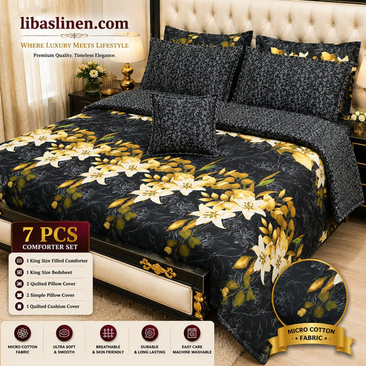 7 Piece Printed Comforter Set – King Size Cotton Mix Luxury Bedding Set with Filled Comforter