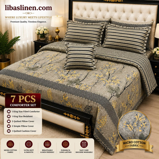 7 Piece Printed Comforter Set – King Size Cotton Mix Luxury Bedding Set with Filled Comforter
