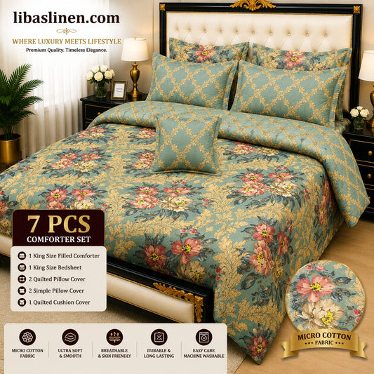 7 Pcs Printed Comforter Set – King Size Cotton Blend Premium Bedding Set with Filled Comforter & Complete Linen Collection