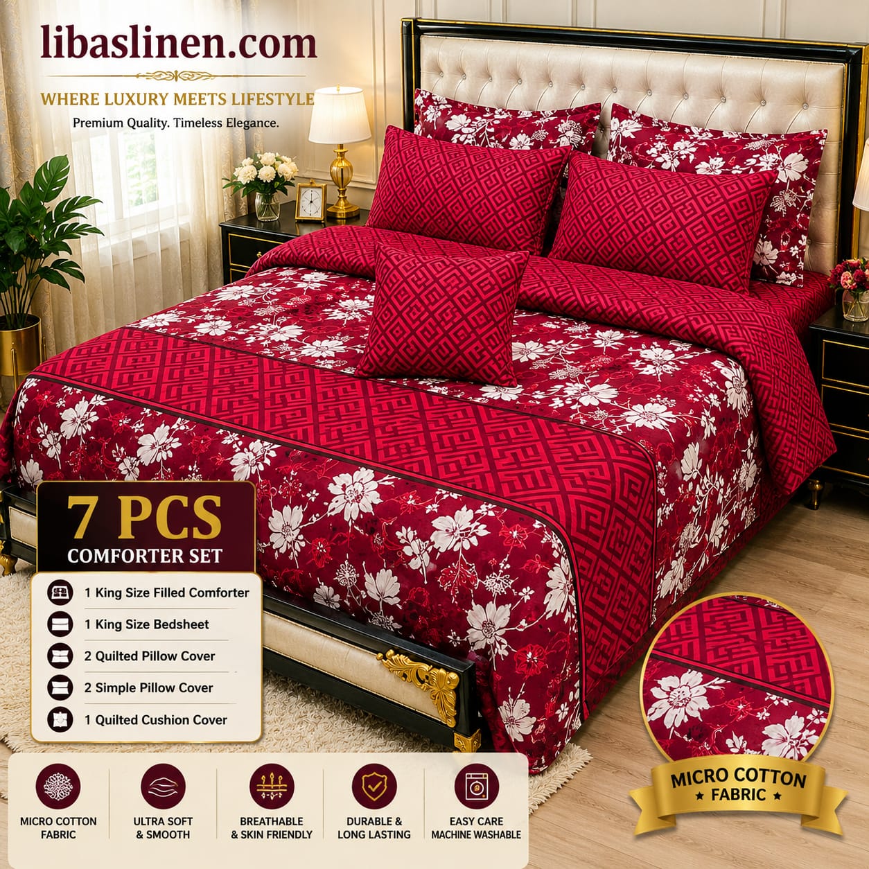 7 Pcs Printed Comforter Set – King Size Cotton Blend Luxury Bedding Set with Soft Filled Comforter & Complete Bed Set
