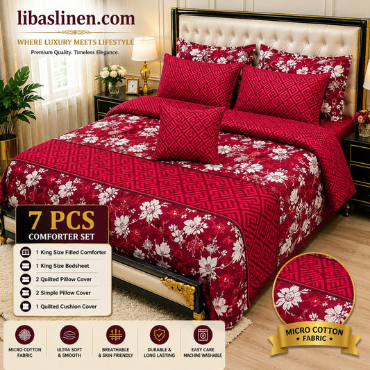 7 Pcs Printed Comforter Set – King Size Cotton Blend Luxury Bedding Set with Soft Filled Comforter & Complete Bed Set