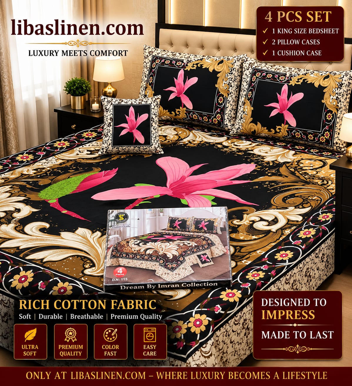 4PCS Bedsheet Set – Soft and 3D Digital Panel Bedsheet