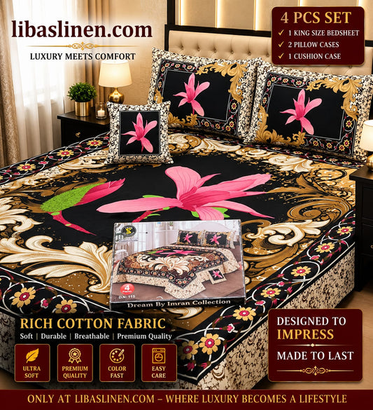 4PCS Bedsheet Set – Soft and 3D Digital Panel Bedsheet