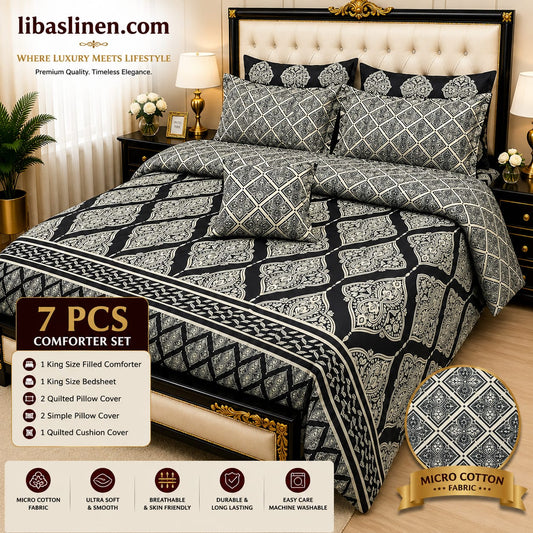 7 Piece Printed Comforter Set – King Size Cotton Mix Luxury Bedding Set with Filled Comforter