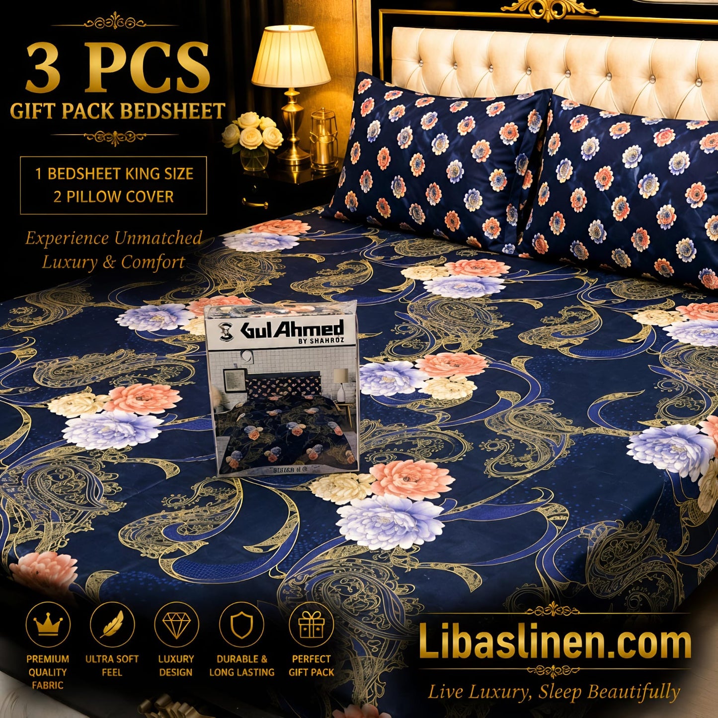 Gift Pack 3 Pcs cotton Mix Bedsheet Set-King Size Soft Cotton Luxury Bedding