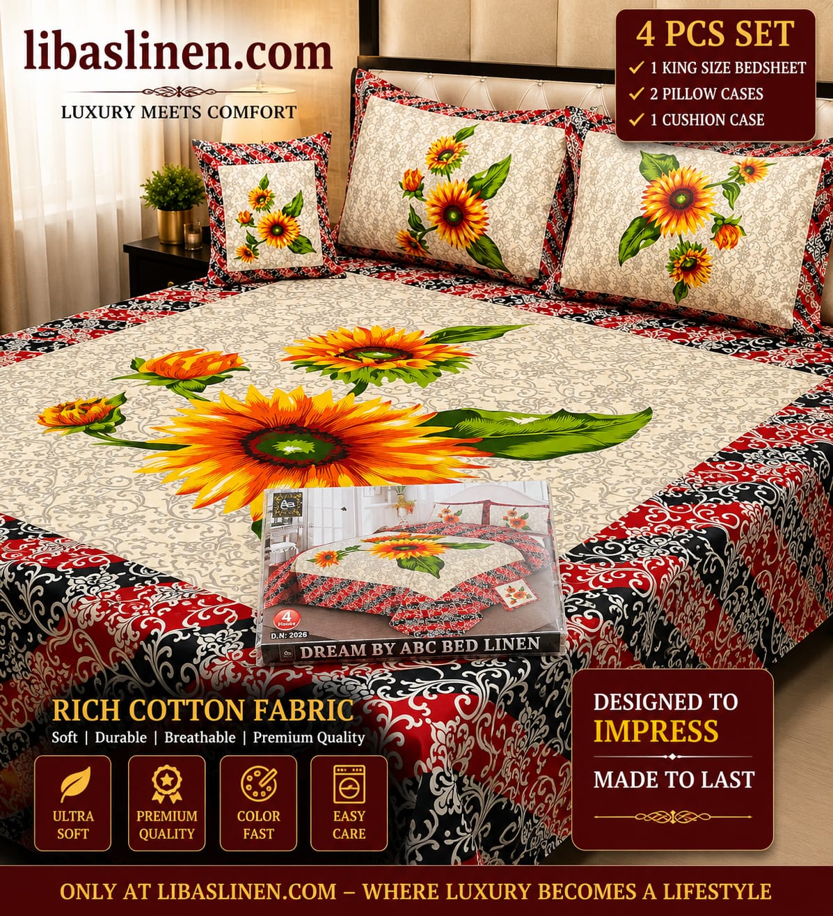 4PCS Bedsheet Set – Soft and 3D Digital Panel Bedsheet