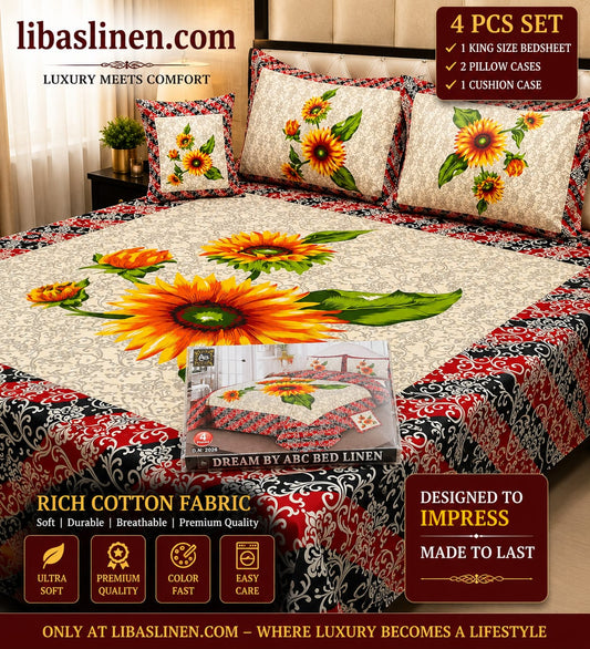 4PCS Bedsheet Set – Soft and 3D Digital Panel Bedsheet