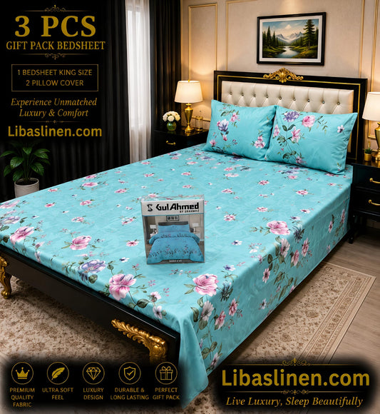 Gift Pack 3 Pcs cotton Mix Bedsheet Set-King Size Soft Cotton Luxury Bedding