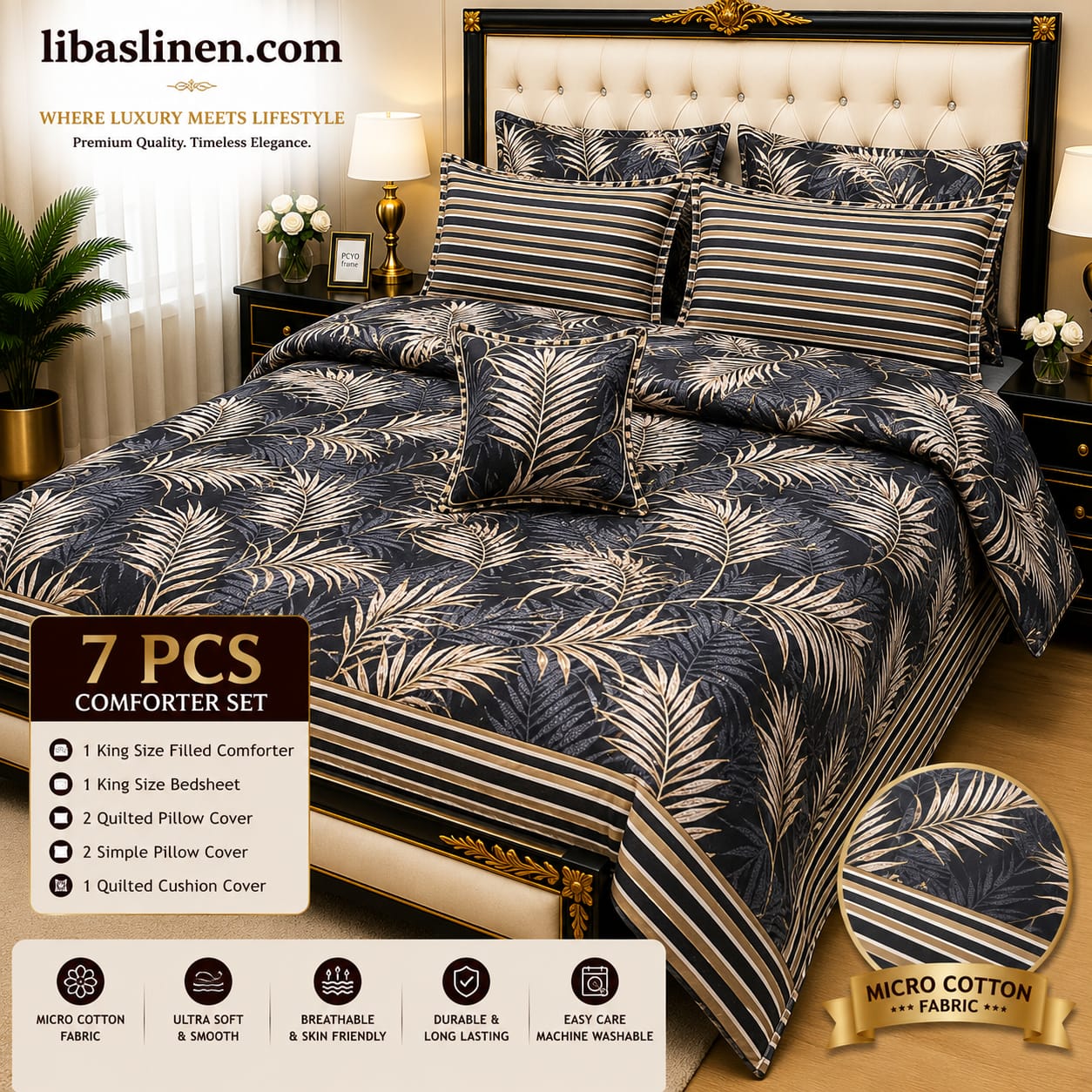 7 Piece Printed Comforter Set – King Size Cotton Mix Luxury Bedding Set with Filled Comforter