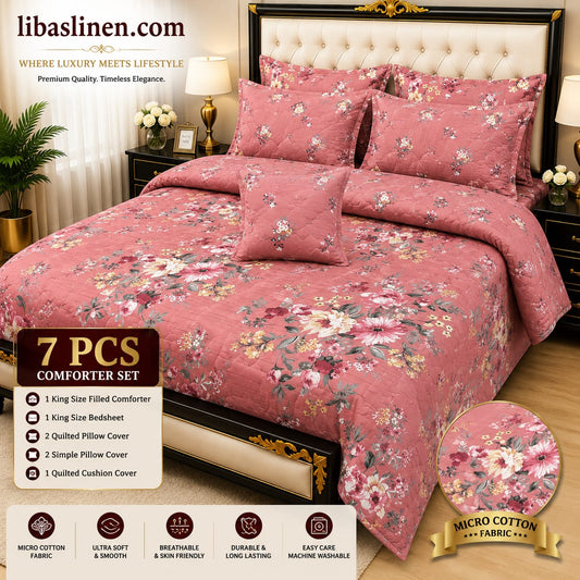 Luxury 7 Pcs Printed Comforter Set – King Size Cotton Mix Bedding Set with Filled Comforter & Bed Sheet