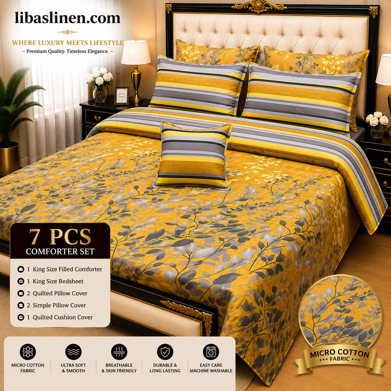 Premium 7 Pcs Printed Comforter Set – King Size Cotton Blend Luxury Bedding Set with Filled Comforter