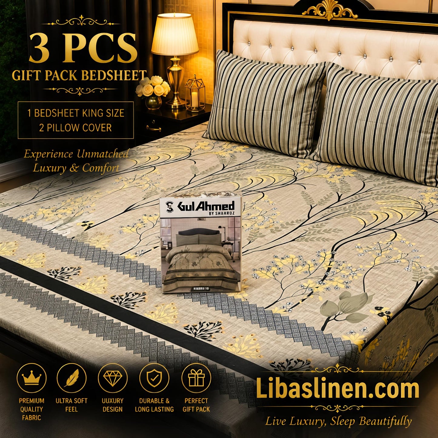 Gift Pack 3 Pcs cotton Mix Bedsheet Set-King Size Soft Cotton Luxury Bedding