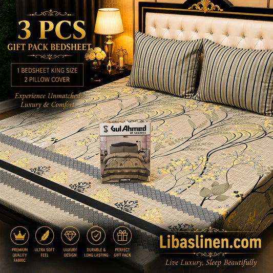 Gift Pack 3 Pcs cotton Mix Bedsheet Set-King Size Soft Cotton Luxury Bedding