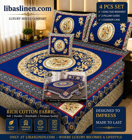4PCS Bedsheet Set – Soft and 3D Digital Panel Bedsheet
