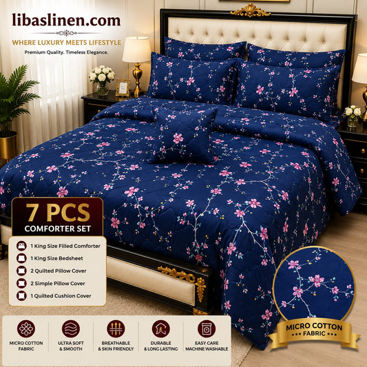 Luxury 7 Pcs Printed Comforter Set – King Size Cotton Blend Bedding Set with Filled Comforter & Complete Cover Set