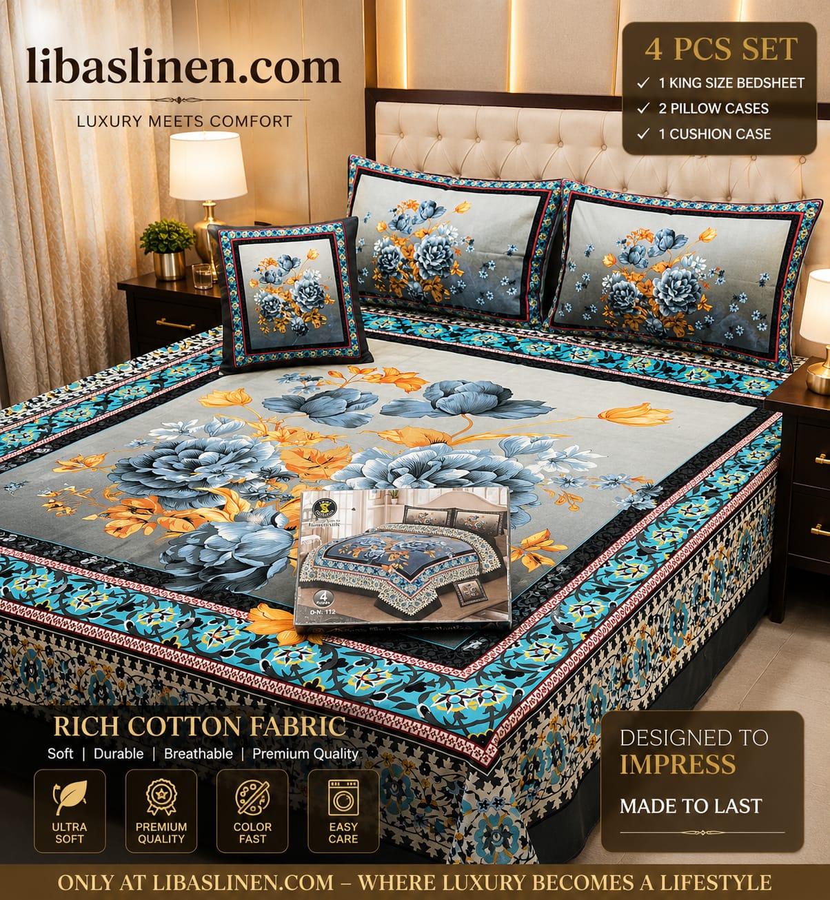 4PCS Bedsheet Set – Soft and 3D Digital Panel Bedsheet