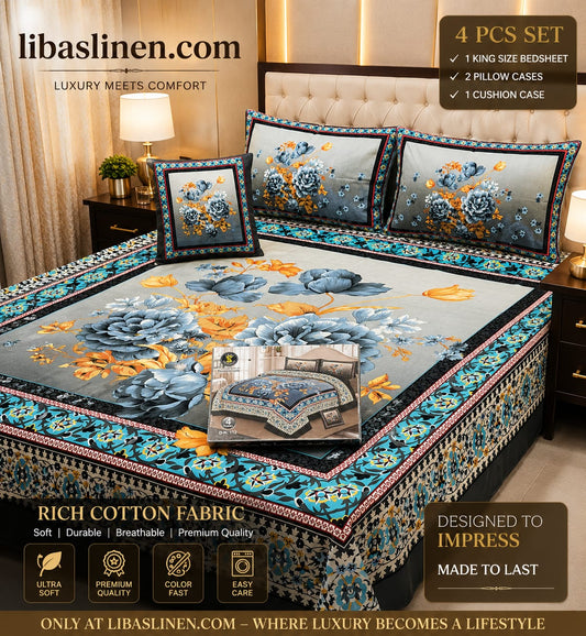 4PCS Bedsheet Set – Soft and 3D Digital Panel Bedsheet